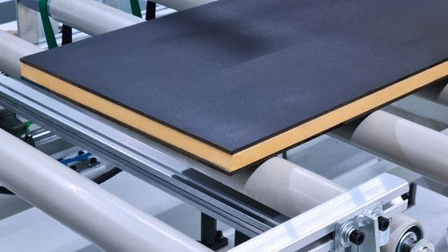 PUR gluing line example — continuous production of insulated panels with instant bond strength.